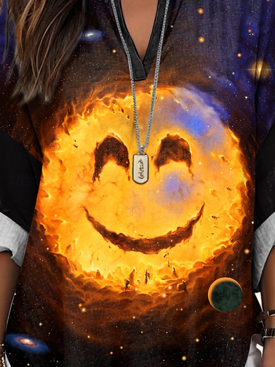 Galaxy Smile di Vincent Hie Blusa da Donna Maniche Lunghe Tunica Tops Graphic Geometrico Vintage Giornaliero A V Regular Tops Stampa Giornaliera Gialla Estate Primavera del 2025 a $24.99 –P3