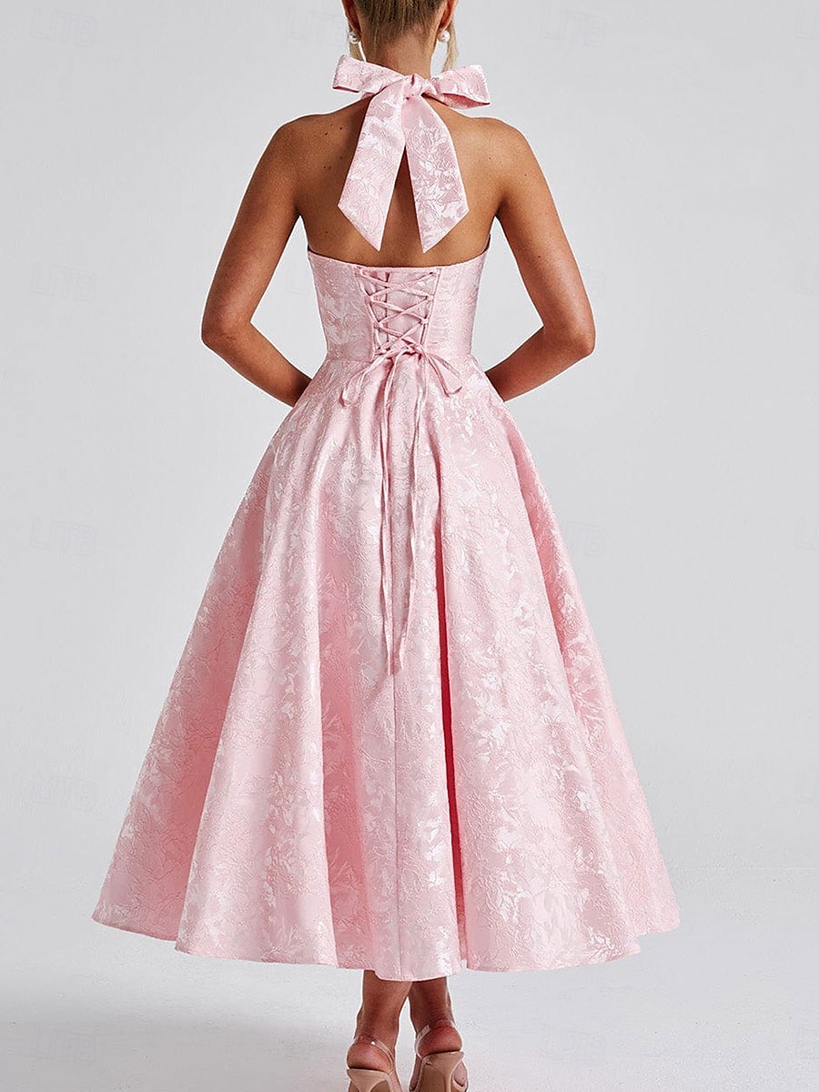 Rochie A-line Rochie Jacquard Rochie Semi-formală Rochie cocktail Lungime midi Fără mâneci Guler halter Fundiță Spate descoperit cu detaliu cu dantelă Rochie pentru invitați la nuntă 2025 - $79.99 –P3