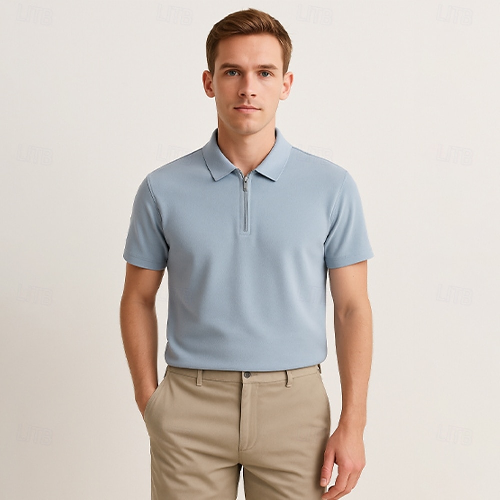 Men's Silk Linen Cotton Business Casual Half Zip Short Sleeve Basic Formal Solid Color Zipper Summer Black Dark Navy Sky Blue Dark Green Gray 2025 - $49.99 –P19