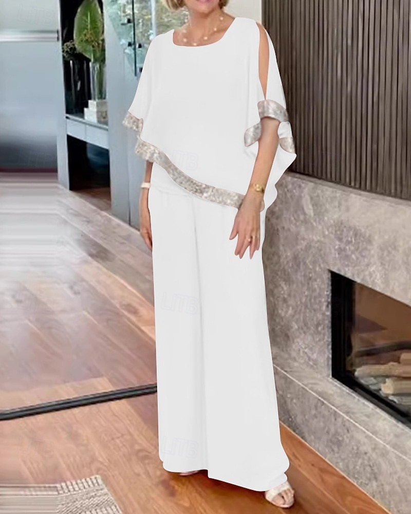 Tuta Due Pezzi Abito Madre della Sposa Elegante Vintage Semplice Scollatura Rotonda Lunghezza a Terra Chiffon Manica Mezza con Paillettes del 2025 a $99.99 –P6