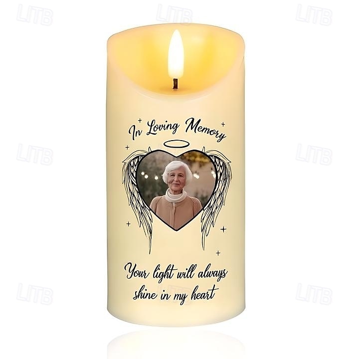 Vela LED conmemorativa personalizada, foto personalizada, regalos de condolencia por la pérdida de seres queridos, vela con alas de ángel, elegante luz de recuerdo para dormitorio, decoración del 2025 - $16.49 –P4