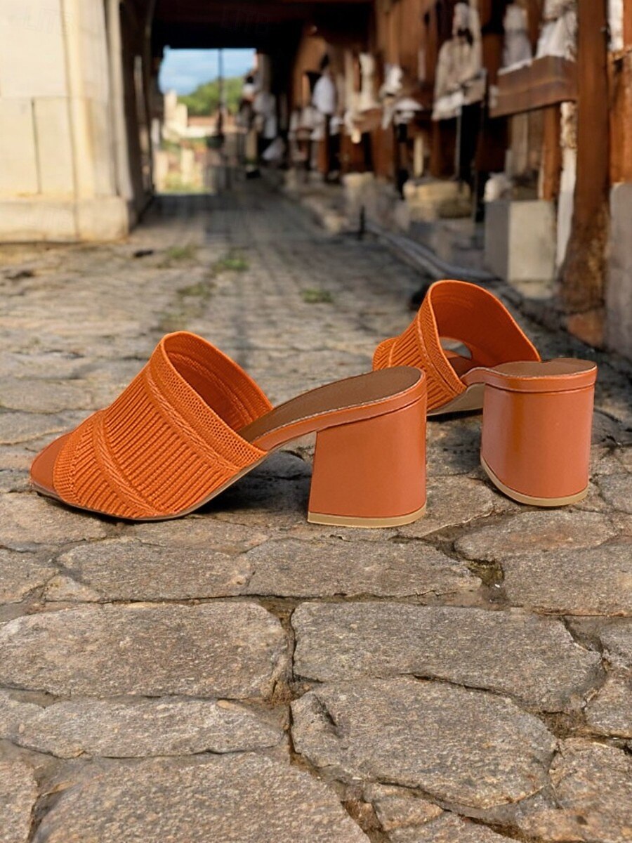 oransje strikkede sandaler med blokkhæl for kvinner – trendy teksturerte muldyr med åpen tå for daglig bruk og uformelle dater 2026 - $29.99 –P4