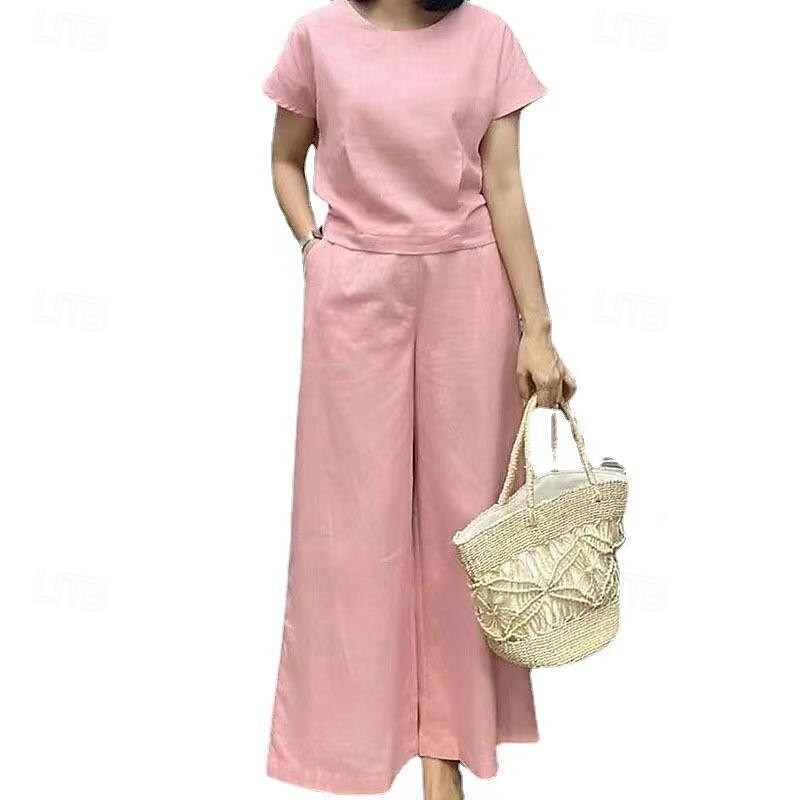 Femmes Mode Streetwear Chemise Ensembles en coton et lin Ensembles deux pièces Manche Courte Col ras du cou Uni Tenue quotidienne Date Jaune Rose Claire Vert Été Coupe régulière de 2025 ? $36.99 –P7