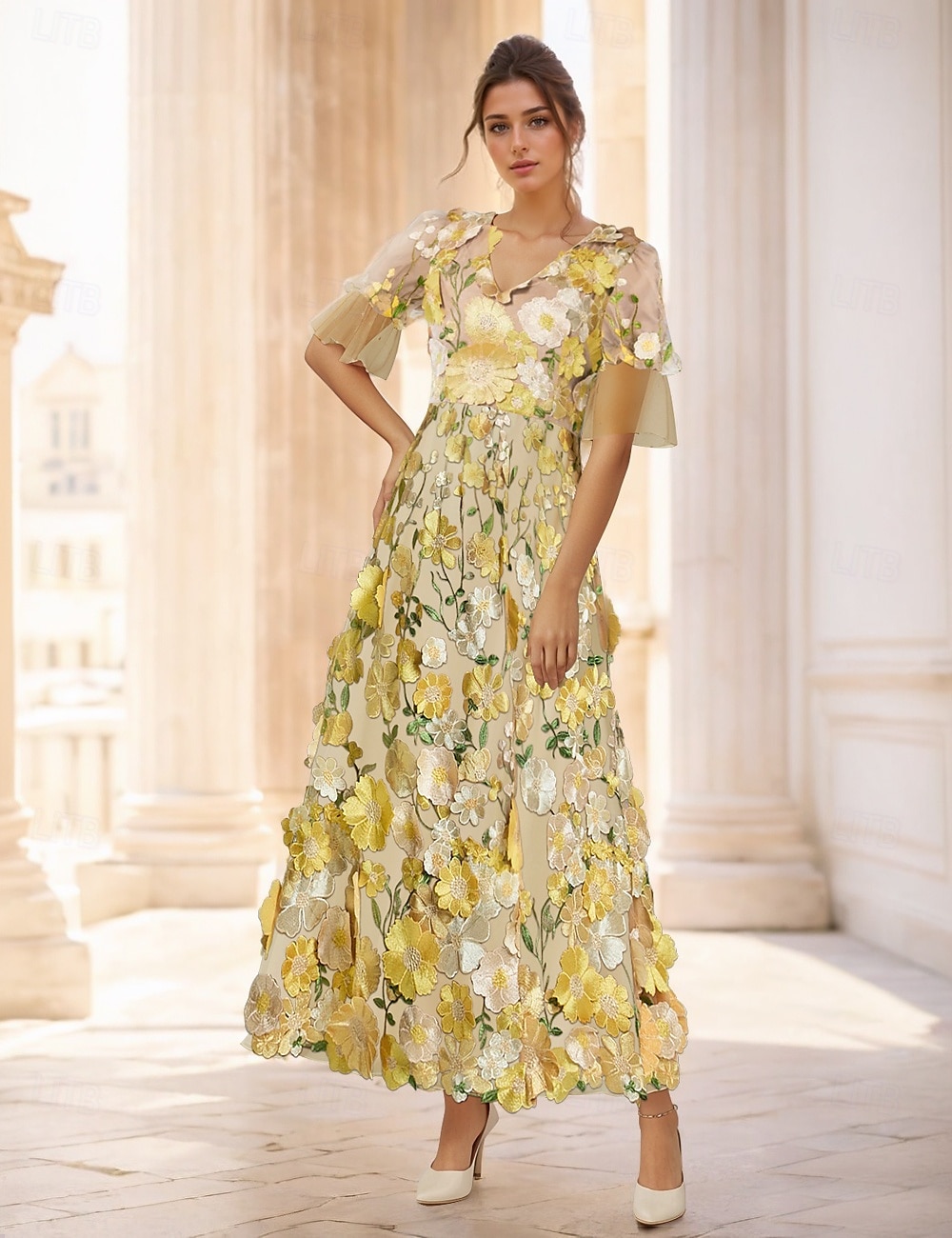 Pink Yellow A-Line Cocktail Dresses Gown Formal Wedding Guest Floral Elegant Ankle Length Short Sleeve Illusion Neck Tulle with Embroidery Appliques 2025 2025 - $156.99 –P1
