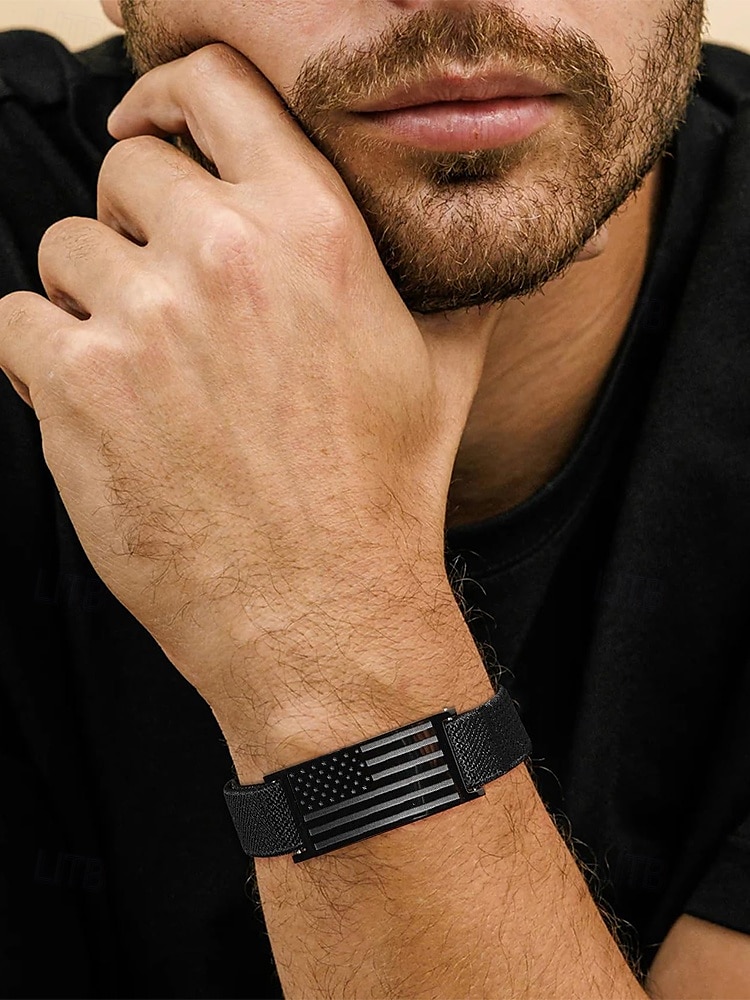 Pulsera ajustable con bandera estadounidense para hombre: correa de nailon elástica con placa de acero inoxidable, pulsera de estilo patriótico para el Día de la Independencia, veteranos y ropa informal diaria. 2025 - $14.99 –P1