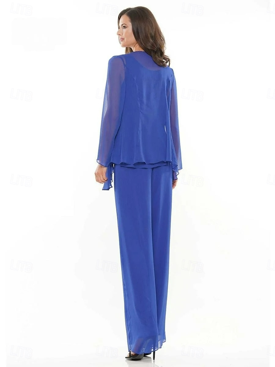 Terno azul roxo com calça, vestido de mãe da noiva, 3 peças, elegante, gola redonda, comprimento até o chão, chiffon, manga comprida, incluso com bordado em renda 2025 de 2025 por $136.99 –P5
