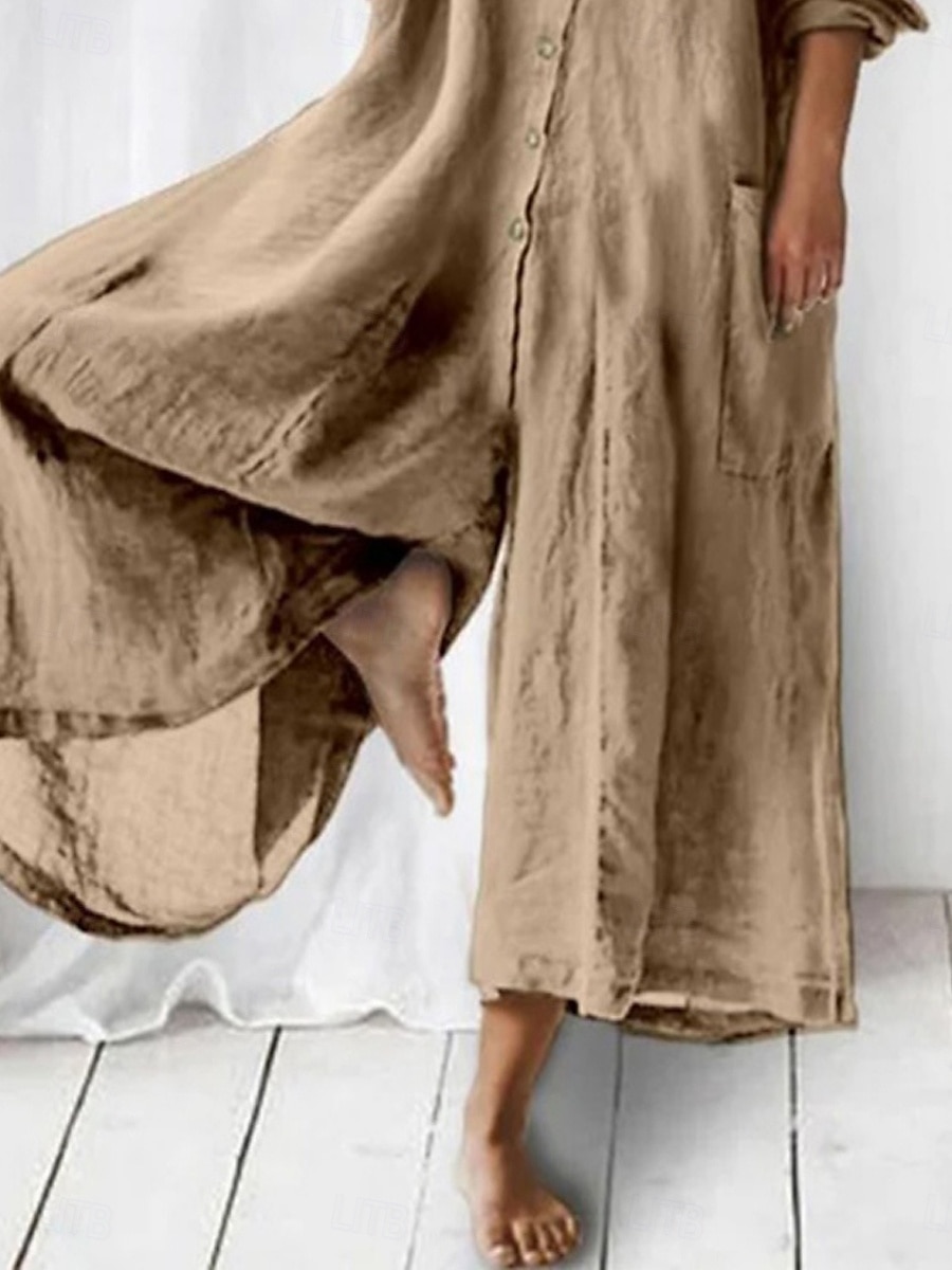Damen Jumpsuit Aktiv Einfarbig Langarm Weit Bein Hemdkragen Knöpfe Tasche Urlaub Täglich Reguläre Passform Armeegrün Marineblau Khaki Sommer 2025 - $37.99 –P3