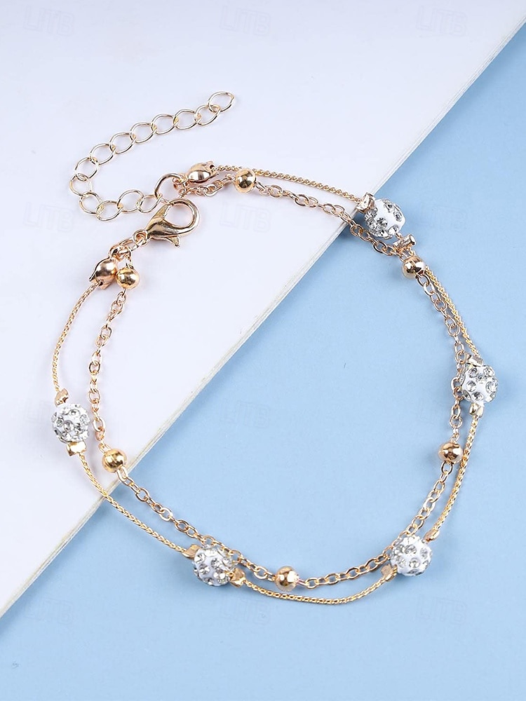 Cavigliera da donna con perline e strass a doppio strato: elegante gioiello da spiaggia con catena in oro per l'estate, le vacanze e l'uso quotidiano del 2025 a $7.99 –P4