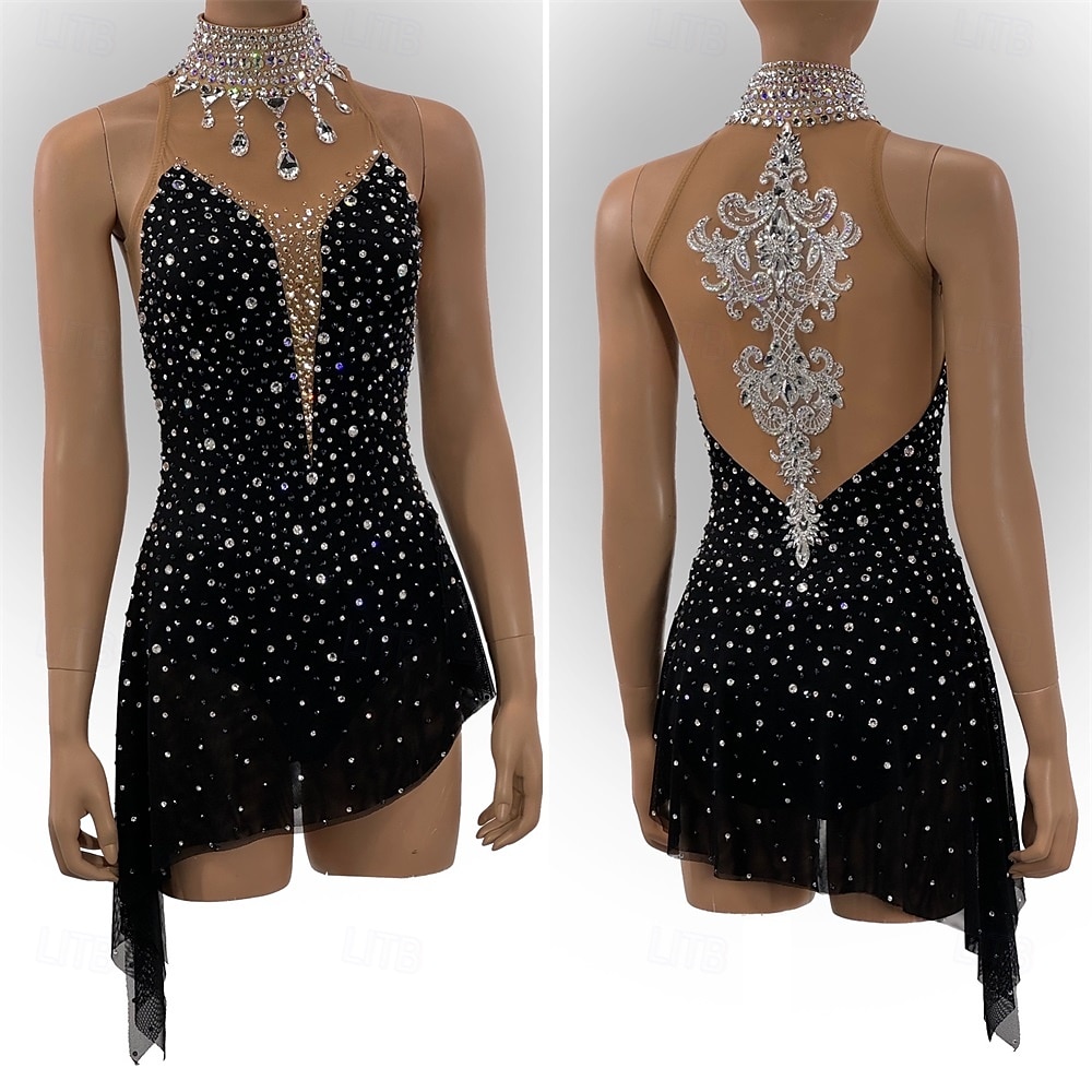 Figure Skating Dress Women's Girls' Ice Skating Dress Black Patchwork Asymmetric Hem Mesh Spandex High Elasticity Training Competition Skating Wear Classic Crystal / Rhinestone Sleeveless Ice Skating 2025 - $181.99 –P1