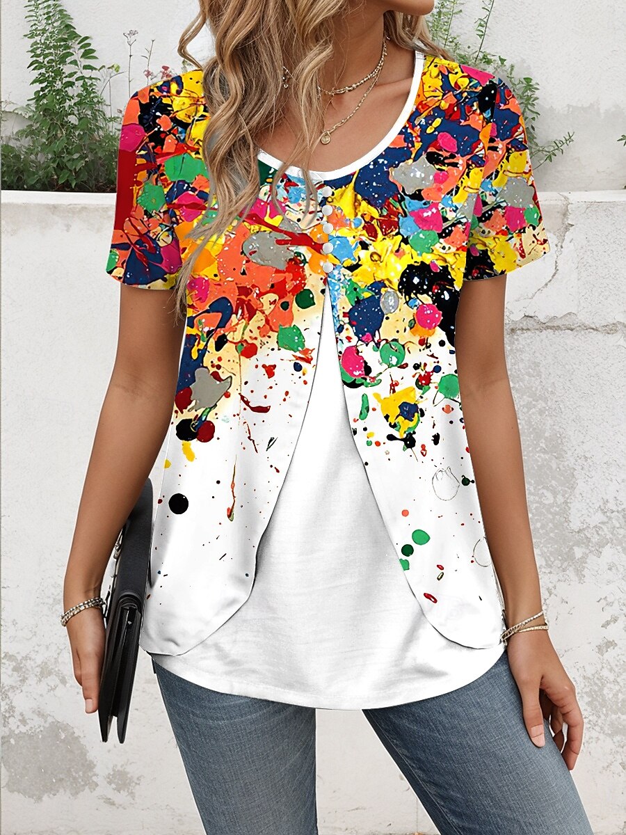 Dames T-shirt Grafisch Geometrisch Elegant Vintage Stijlvol Korte mouw Strakke ronde hals Normale tops Dagelijks Uitgaan Lapwerk Knop Gelaagd Wit Zomer Lente 2025 - $23.99 –P1