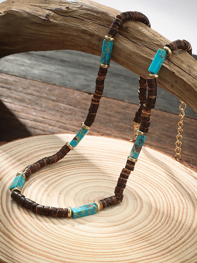 Collier de perles en bois naturel pour homme avec des accents turquoise, style surfeur bohème, bijoux réglables pour la plage, les festivals et les tenues décontractées de 2025 ? $9.99 –P7
