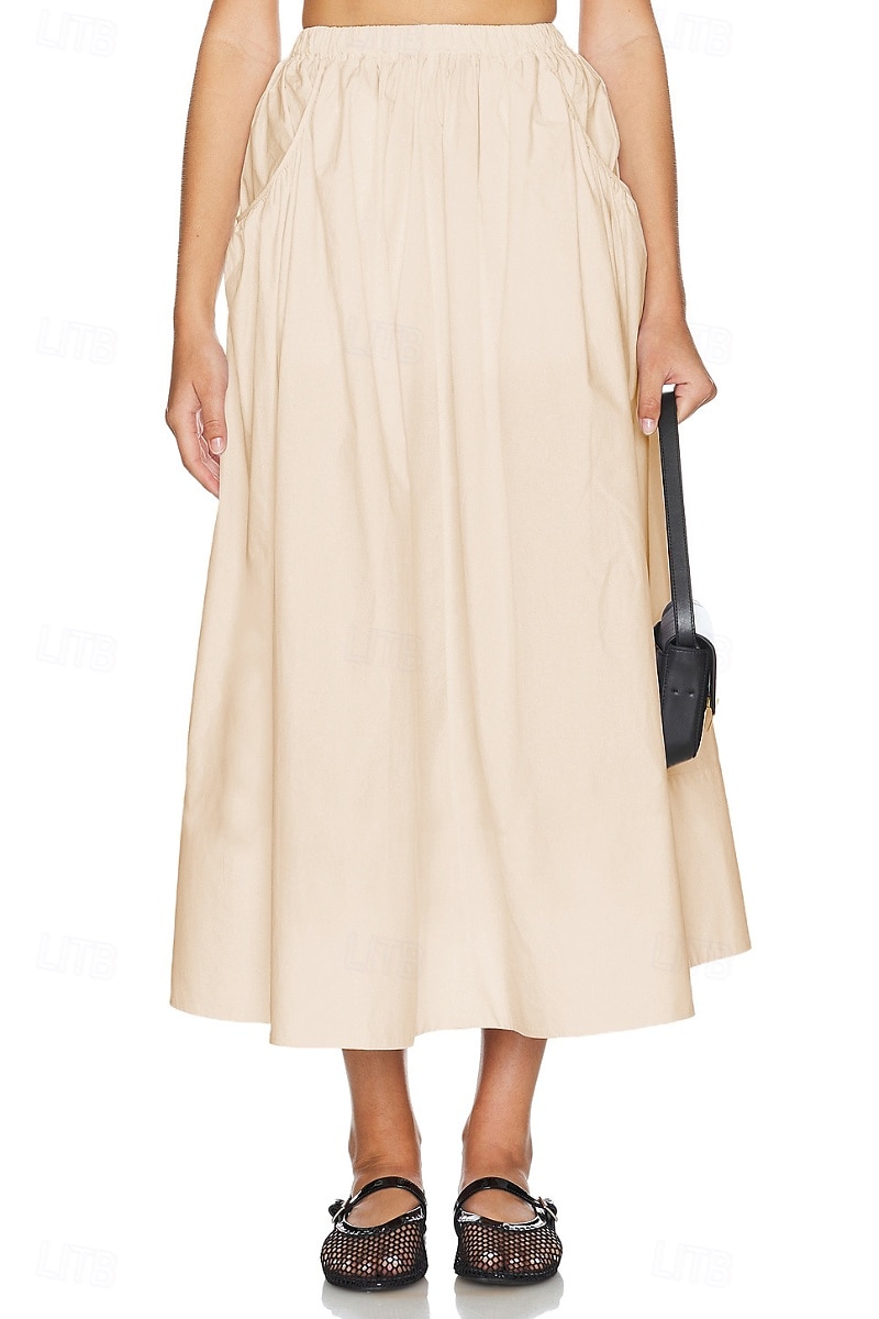 Femmes Jupe Évasé Mode Maxi Taille Basse Jupes Uni Avec Poches Micro-Élastique Vacances Rue Noir Blanche Champagne Beige Été Mélange Lin-Coton de 2025 ? $25.99 –P11