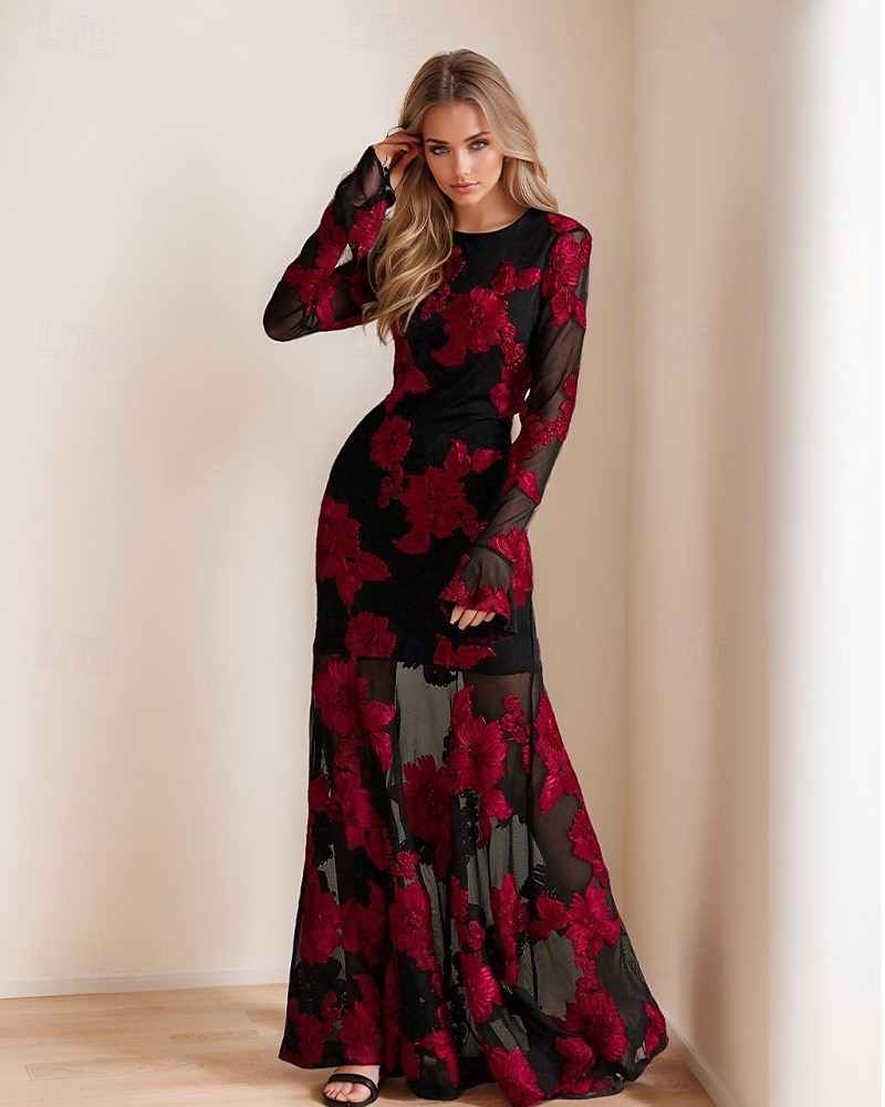 Floral Lace Applique A-Line Evening Gown Elegant Dress Semi Formal Wedding Guest Dress Floor Length Flared Long Sleeve Crew Neck 2025 - $158.99 –P1