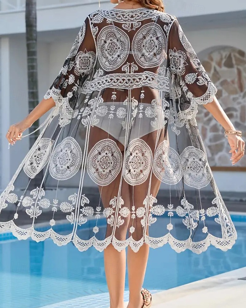 Damen Badeanzug Überwurf Bademode Spitze Patchwork Tropisch Strandbekleidung Einfarbig V-förmiger Draht-Ausschnitt Kurze Ärmel Badeanzüge 2025 - $24.99 –P12