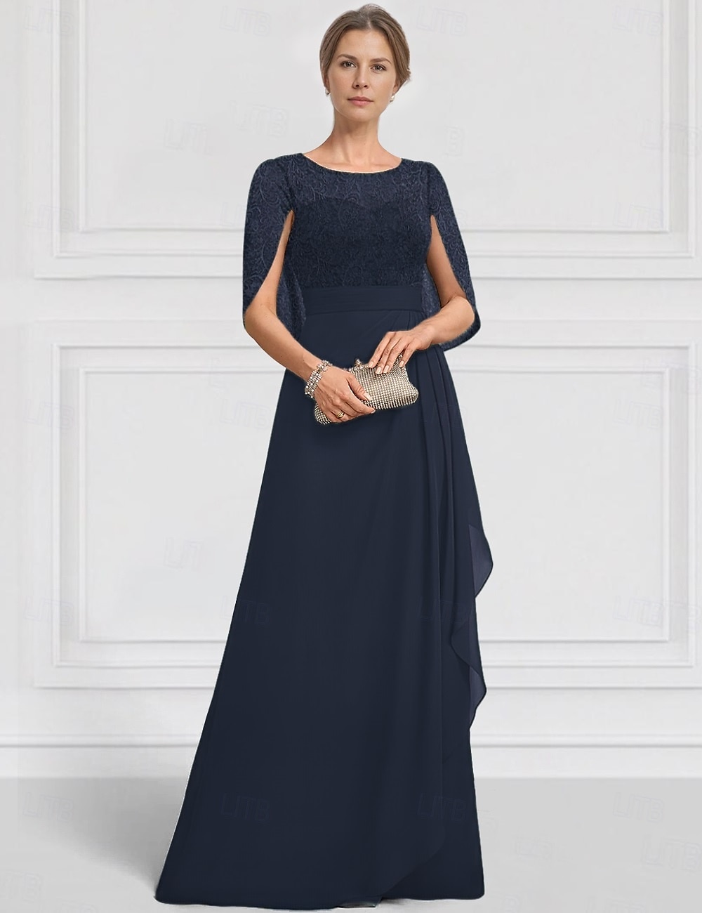 Abito per la Madre della Sposa A-Line Blu Verde Elegante Collo a Giro Lunghezza Piena Chiffon Maniche Corte Giacca con Ricamo in Pizzo del 2025 a $148.99 –P5
