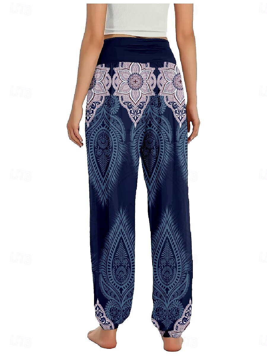 Dam Linneinspirerade byxor Brett skaft Byxor Etnisk Stil Ledigt Boho Fullängd Hög midja Grafiska tryck Ficka Elastisk midja Tryck Mateial som andas Mjuk Microelastisk Utomhus Yoga Svart Blå Purpur 2025 - $21.99 –P3