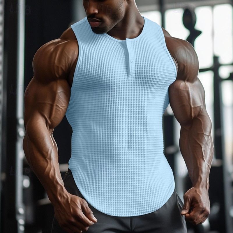 Bărbați Maiou cu vafe Cămașă Henley Vest Top Sub Cămașă Fără manșon Henley Vară Simplu Modă Designer Muşchi Nasturi În aer liber Ieșire Sală de Fitness Negru Alb Albastru Deschis Top tricou pentru 2025 - $13.99 –P6