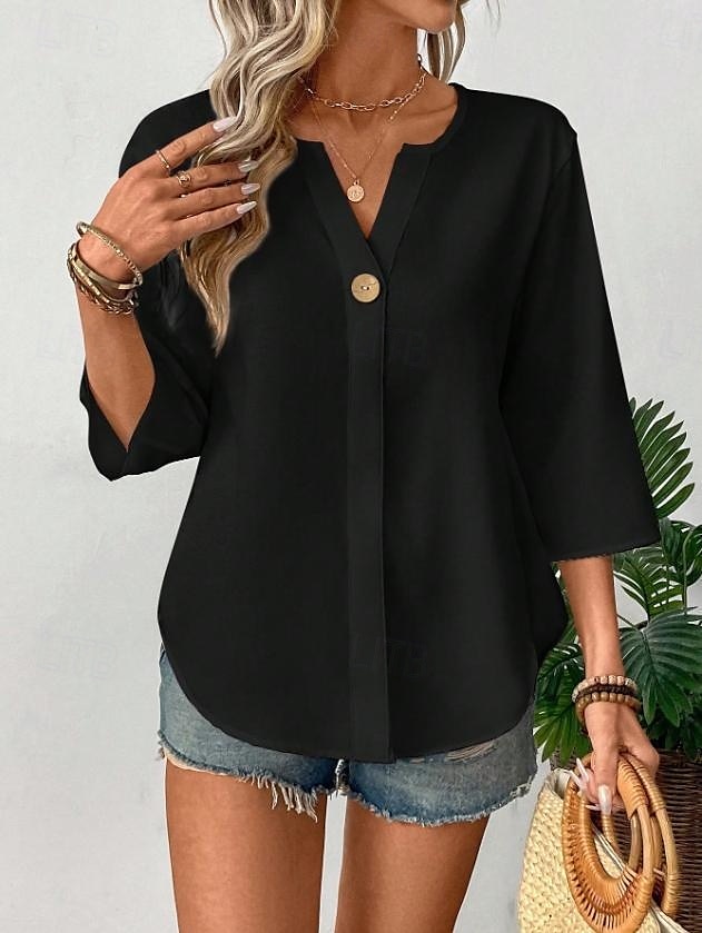 Dame Bluse Helfarge Stilfull Fritid 3/4 ermer V-hals Vanlige topper Daglig Ferie Knapper Svart Hvit Oransje Sommer Vår 2025 - $26.99 –P6