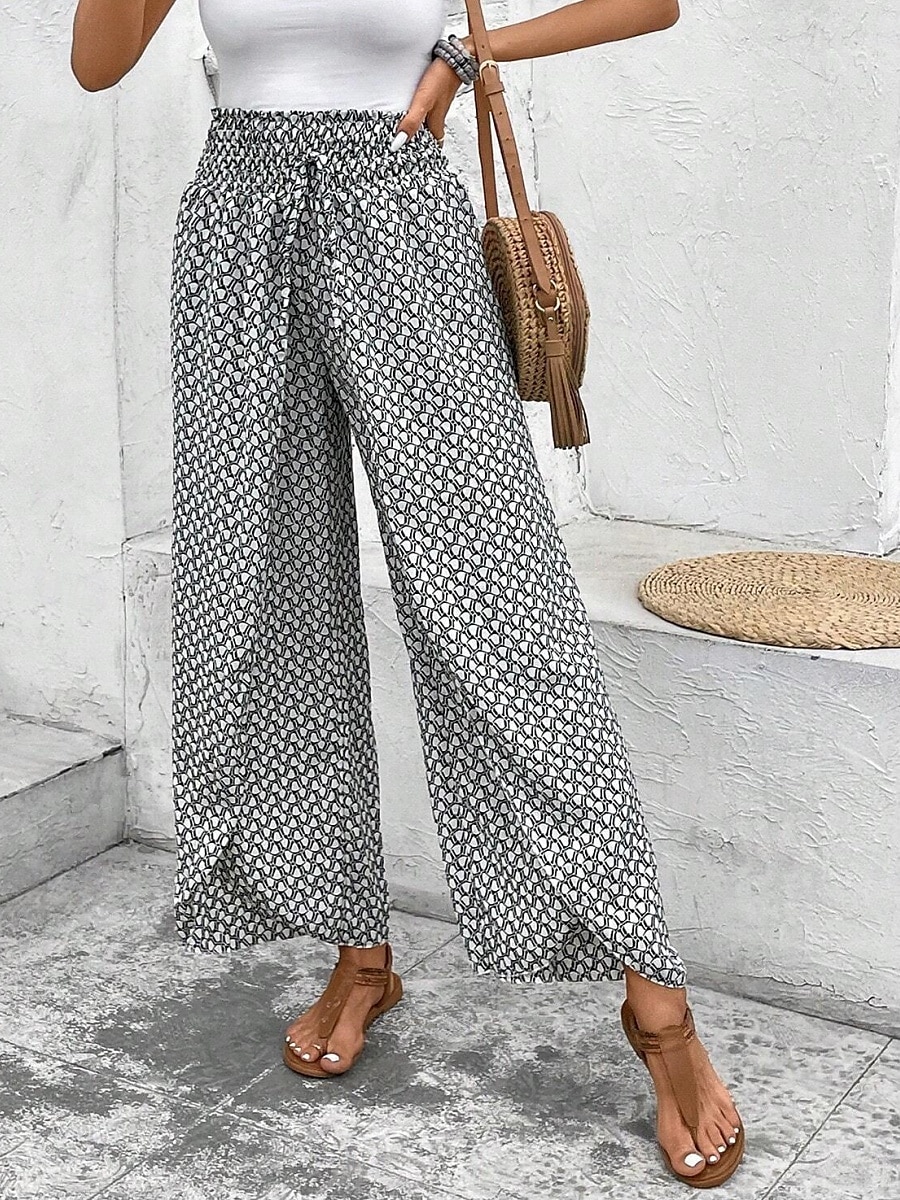 Kvinnors vida chinos baggy byxor semester mode full längd hög midja blommig elastisk midja tryck komfort utomhus mikro-elastisk semester gata avslappnad svart vit rosa khaki sommar vår 2025 - $24.99 –P17