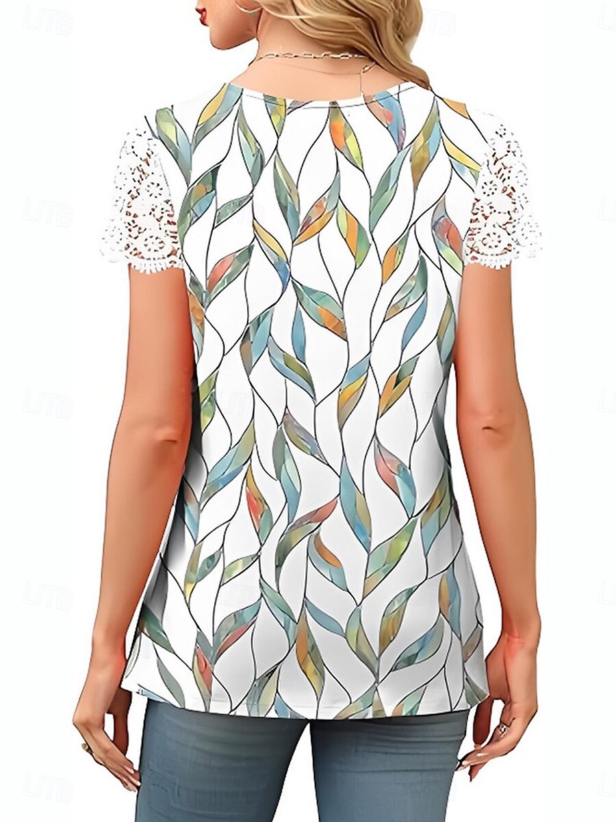 Womenské blůzy Krajka Splicing Top Květinové Listy Stylový Neformální Krátký rukáv V Krk Pravidelné topy Denní Krajkový potisk Žlutá Modrá Meruňková Léto Jaro 2025 - $19.99 –P2
