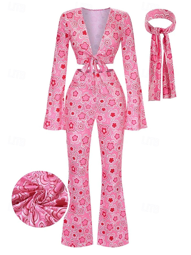 Retro / vintage 1970 luku Asut Lyhyt toppi Bell Bottom Housut Hippi Rusetti Kukka Naisten Halloween Karnevaali Naamiaiset Juhla Arki-asut Aikuisten Toppi Housut Kevät kesä 2025 - $29.99 –P1