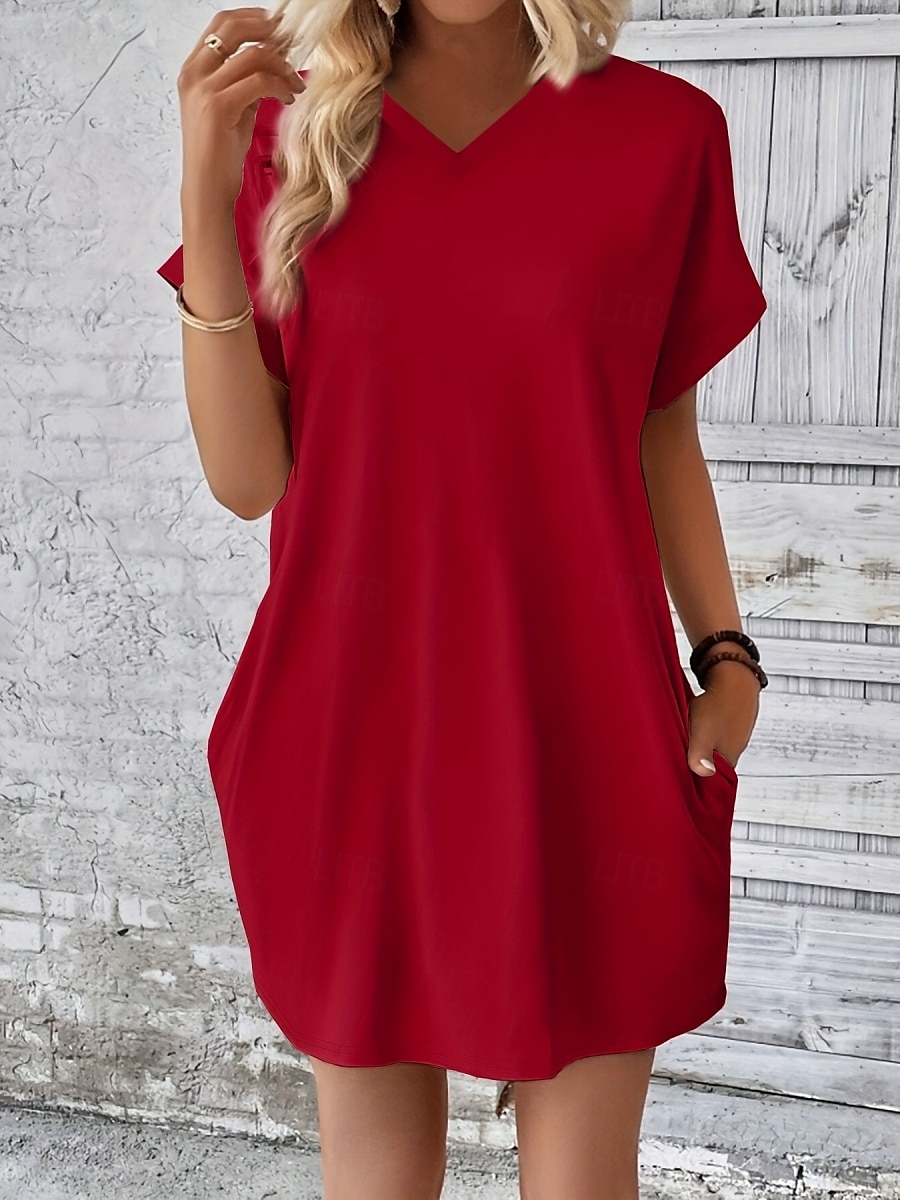 Damen Mini Kleid T-Shirt Kleid Tee Kleid einfarbig Sommer Kleid lässig täglich reguläre Passform Grafik Kurzarm V-Ausschnitt Schwarz Rot Olivgrün Aprikose Sommer 2025 - $19.99 –P18