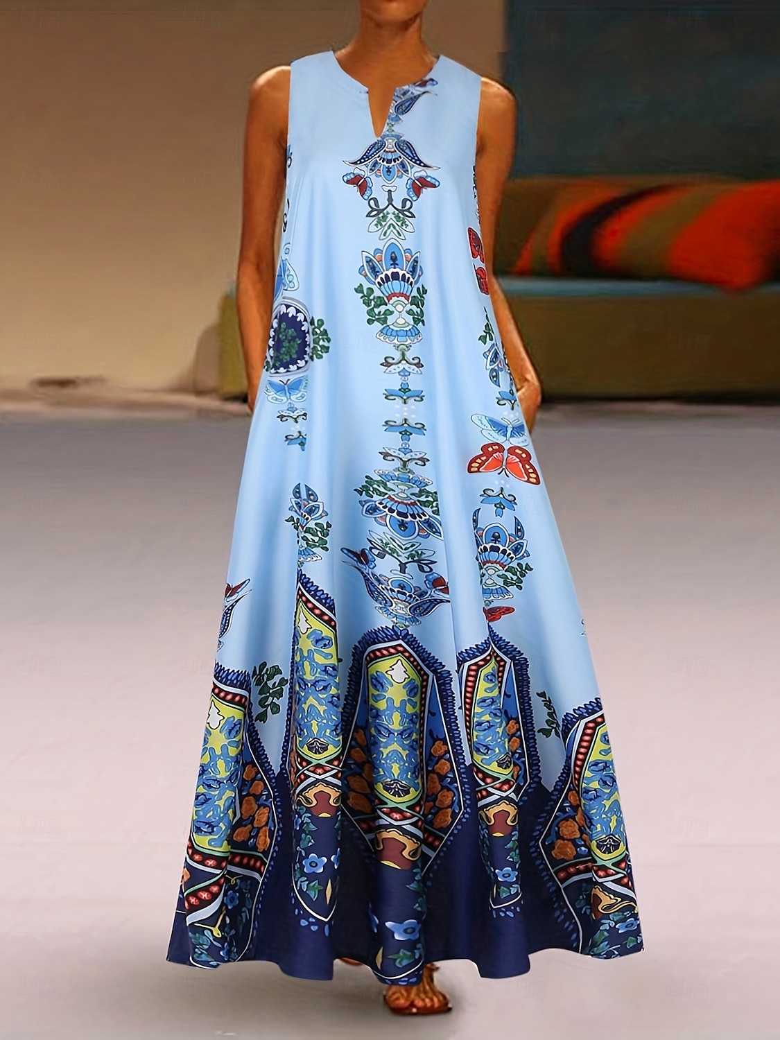 Per donna Abito maxi Abito a trapezio Abito Estivo Vacanza Casual Boho Quotidiano Ferie Vestibilità regolare Grafico Tribale Senza Maniche Scollo a V Nero Bianco Giallo Blu Estate del 2025 a $36.99 –P4