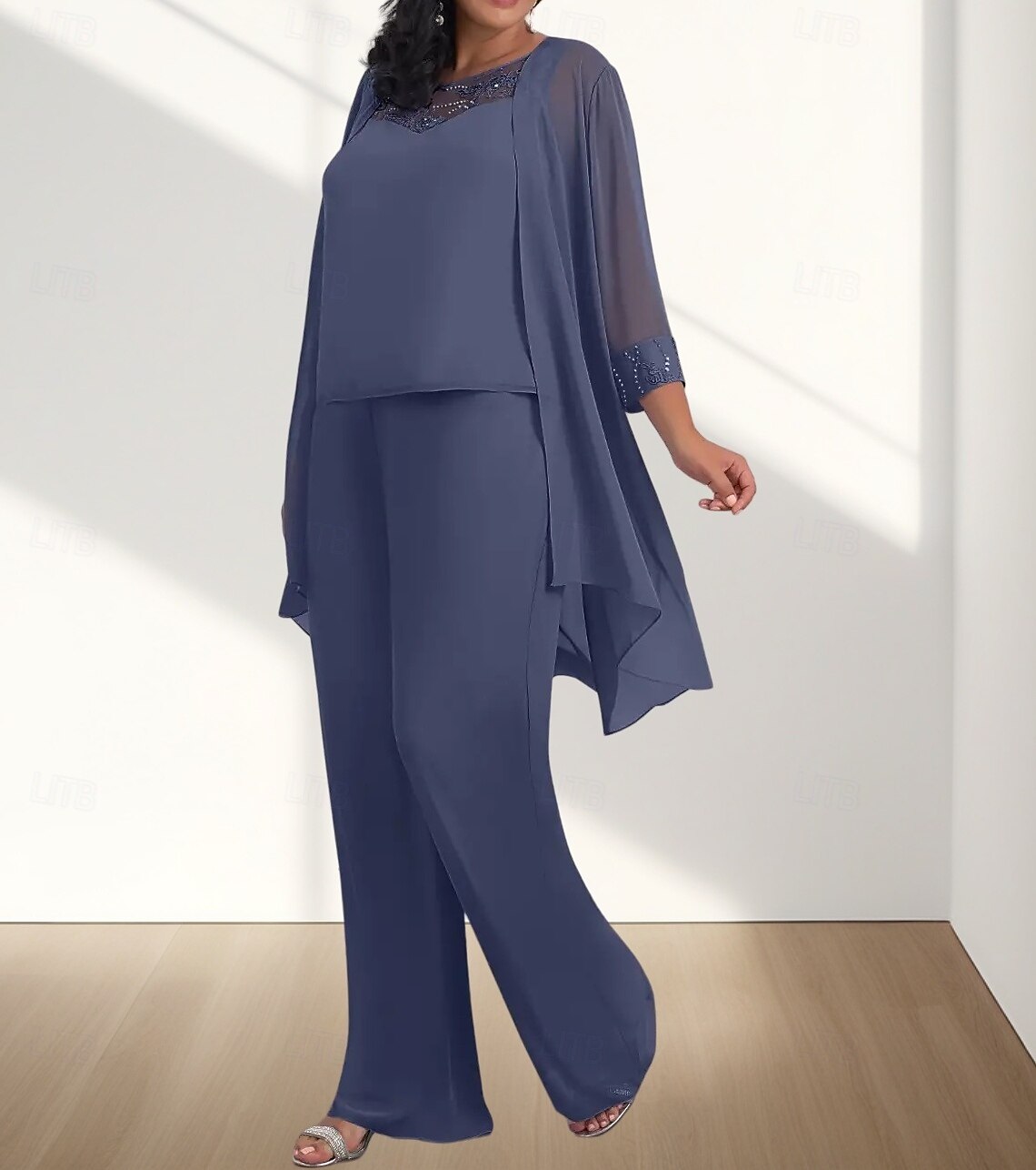 Jumpsuit  Buksedress 3 Delt Mor til bruden Kjole Bryllupsgjest Elegant Ledig Rund Utringning Gulvlengde Chiffon 3/4 Lengde Ermer med Perleapplikasjoner 2025 - $169.99 –P1