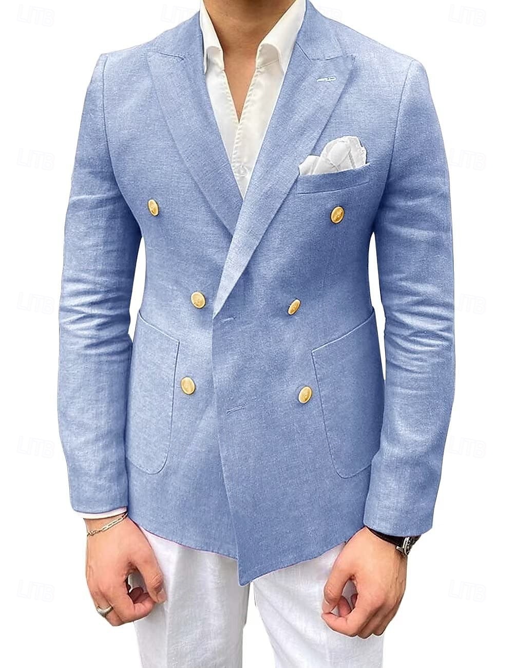 Blazer Masculino de Linho Casuais Moda Verão com Cor Sólida Preto Rosa Caqui Ajuste Sob Medida com Botões Duplos de 2025 por $79.99 –P1