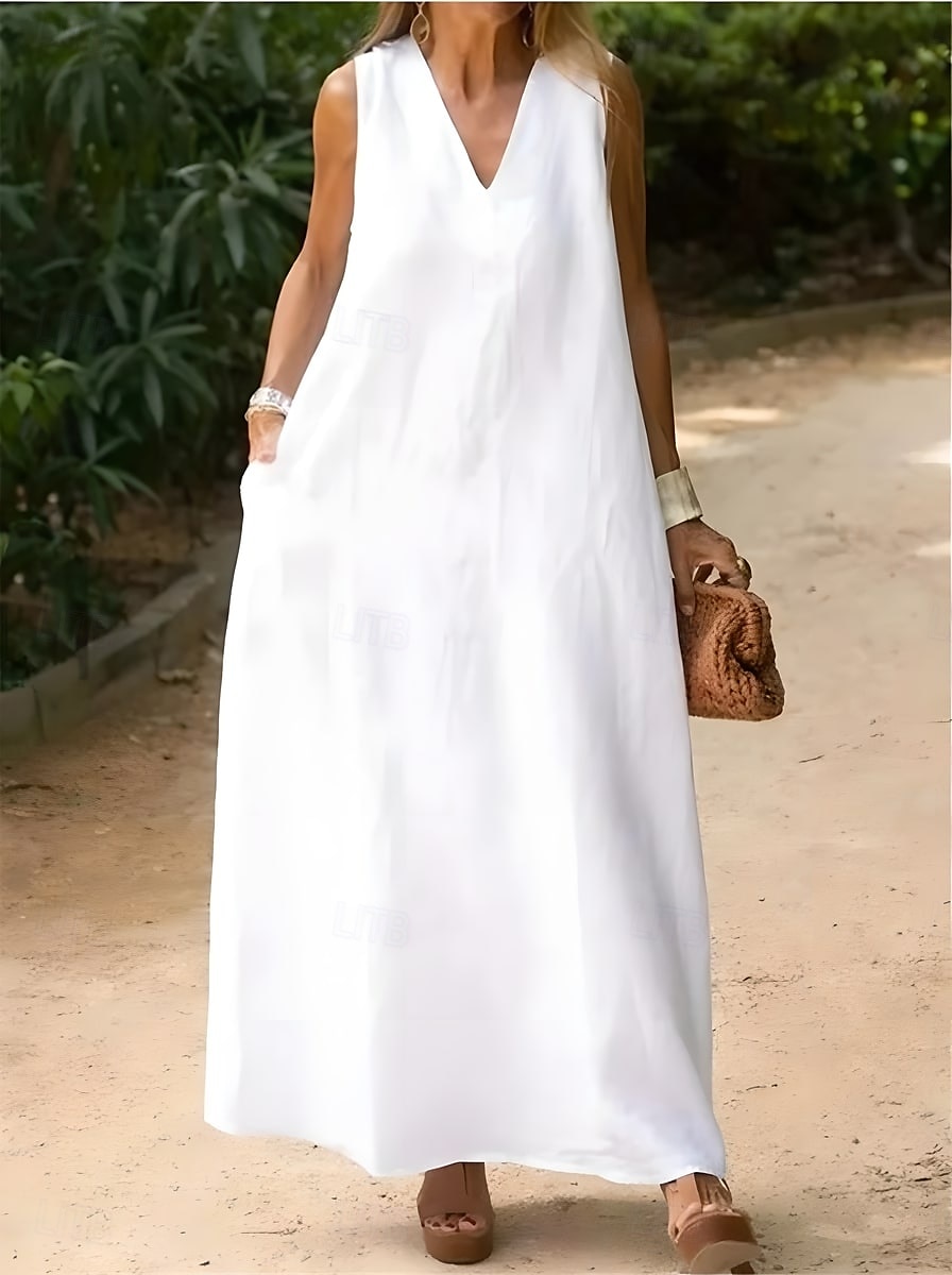 weißes Damenkleid Baumwoll-Leinen-Kleid Maxikleid Urlaubskleid Freizeitkleid modern Alltag Wochenende Regular Fit schlicht V-Ausschnitt Sommer Frühling 2025 - $30.99 –P3