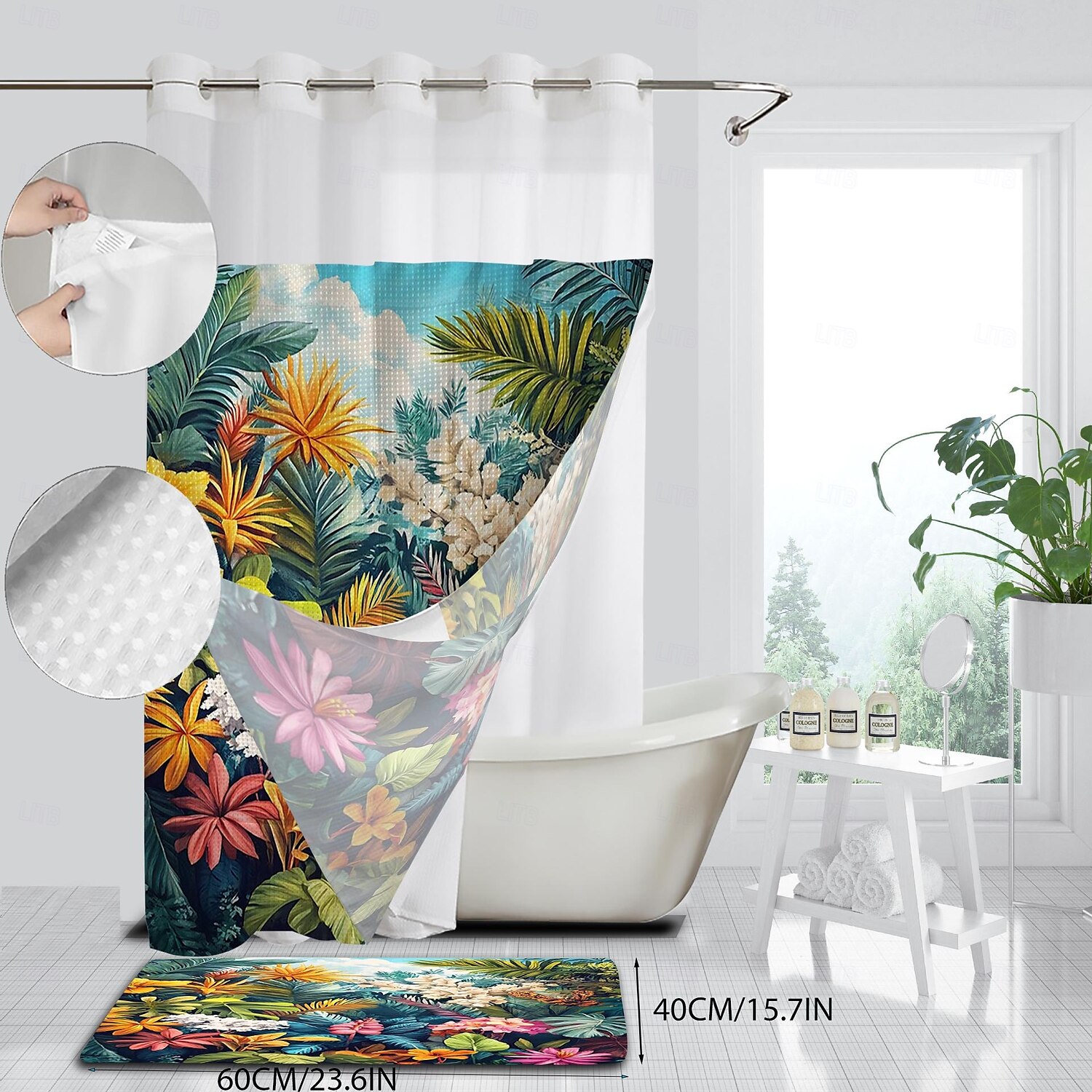 Duschdraperi med Krok 180cm*180cm(70"*70") Polyester Maskintvättbar Vattentät Tropisk Regnskog Blommig Mönster 2025 - $34.99 –P7