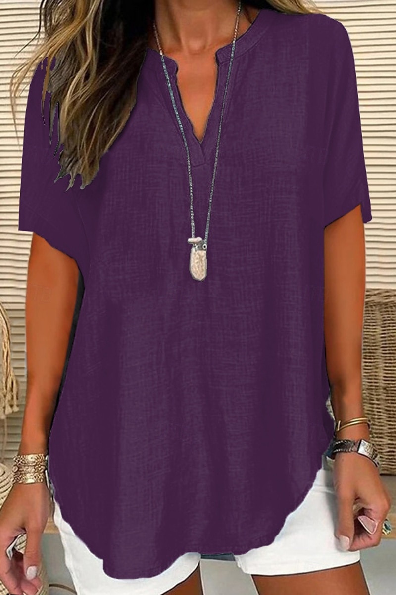 Per donna Camicia Blusa Camicie di cotone e lino Semplice Essenziale Casual Manica Corta Scollo a V Top Regolari Quotidiano Ferie Orlo asimmetrico Nero Bianco Blu Viola Estate del 2025 a $25.99 –P4