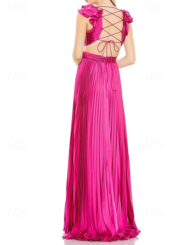 Vestido rosa choque, corte A, vestido de noite, vestido plissado, formal, casamento, comprimento até o chão, sem mangas, decote profundo, cetim com babados, 2025 de 2025 por $144.99 –P3