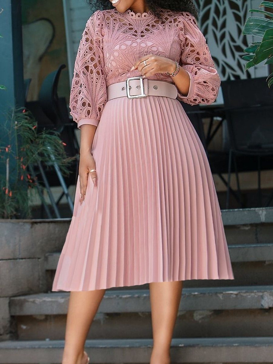 Femmes Robe Midi Robe trapèze Robe Plissée Fête cocktail Robes semi-formelles Soirée Coupe régulière Couleur Unie manche longue Col montant Noir Blanche Rose Claire Été Printemps de 2025 ? $51.99 –P5