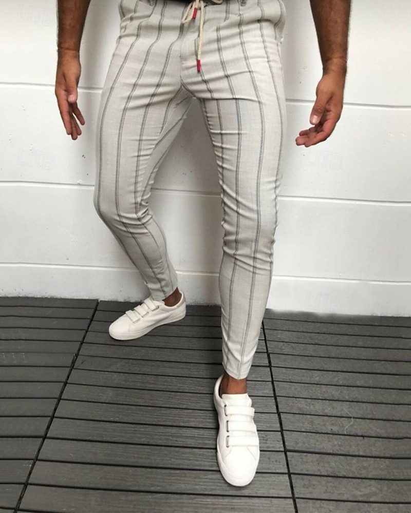 בגדי ריקוד גברים חליפות סקיני מכנסיים צ'ינו כפתורים כיס פסים קומפורט רשמי מפלגה עבודה אופנתי סגנון קלאסי שחור לבן מיקרו-אלסטי 2026 - $22.39 –P1