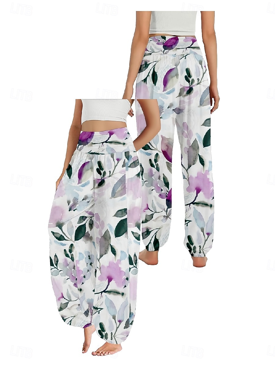 Dam Linneinspirerade byxor Brett skaft Byxor Etnisk Stil Ledigt Boho Fullängd Hög midja Blommig Ficka Elastisk midja Tryck Mateial som andas Mjuk Microelastisk Utomhus Yoga Vit Gul Rosa Purpur Sommar 2025 - $21.99 –P12