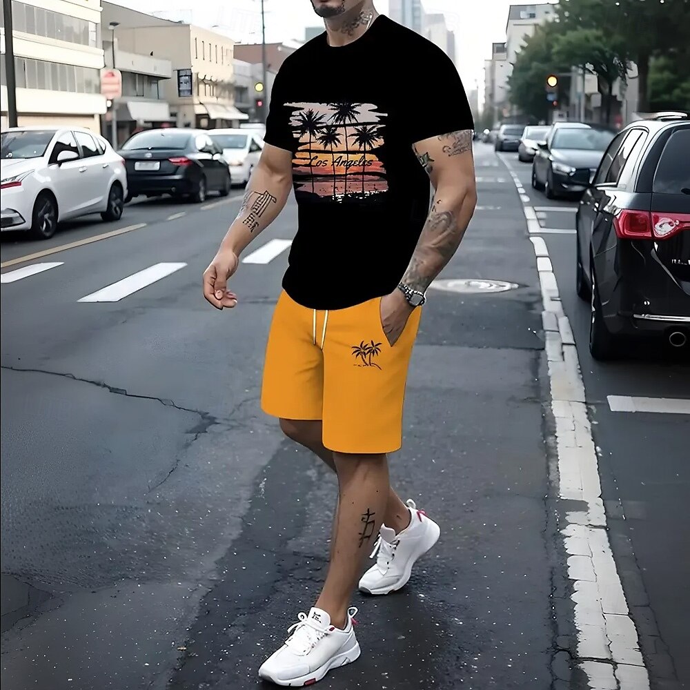 Men's Palm Tree 2pcs Tees sets Summer Tops Short Sleeve Short Pants Crew Neck Vacation Casual Daily Sport Daily Going out 3D Print Summer Black 2025 - $23.99 –P1