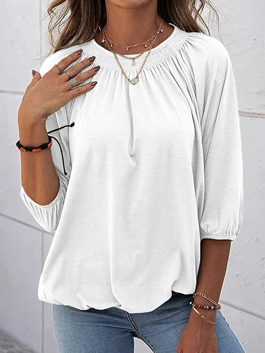 Femmes T-shirt Uni Mode Moderne Manche 3/4 Col ras du cou Hauts Réguliers Quotidien Noir Blanche Rose Claire Vin Vert Véronèse Été de 2025 ? $12.99 –P1