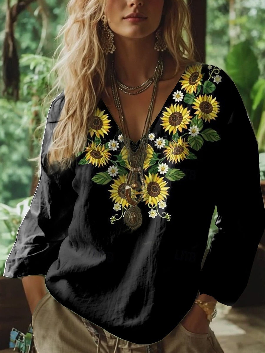 Women's Blouse Ruched Embroidered Print Floral Graphic Paisley Bohemia Vintage Tropical 3/4 Length Sleeve V Neck Regular Tops Black White Summer Spring 2026 - $26.99 –P2