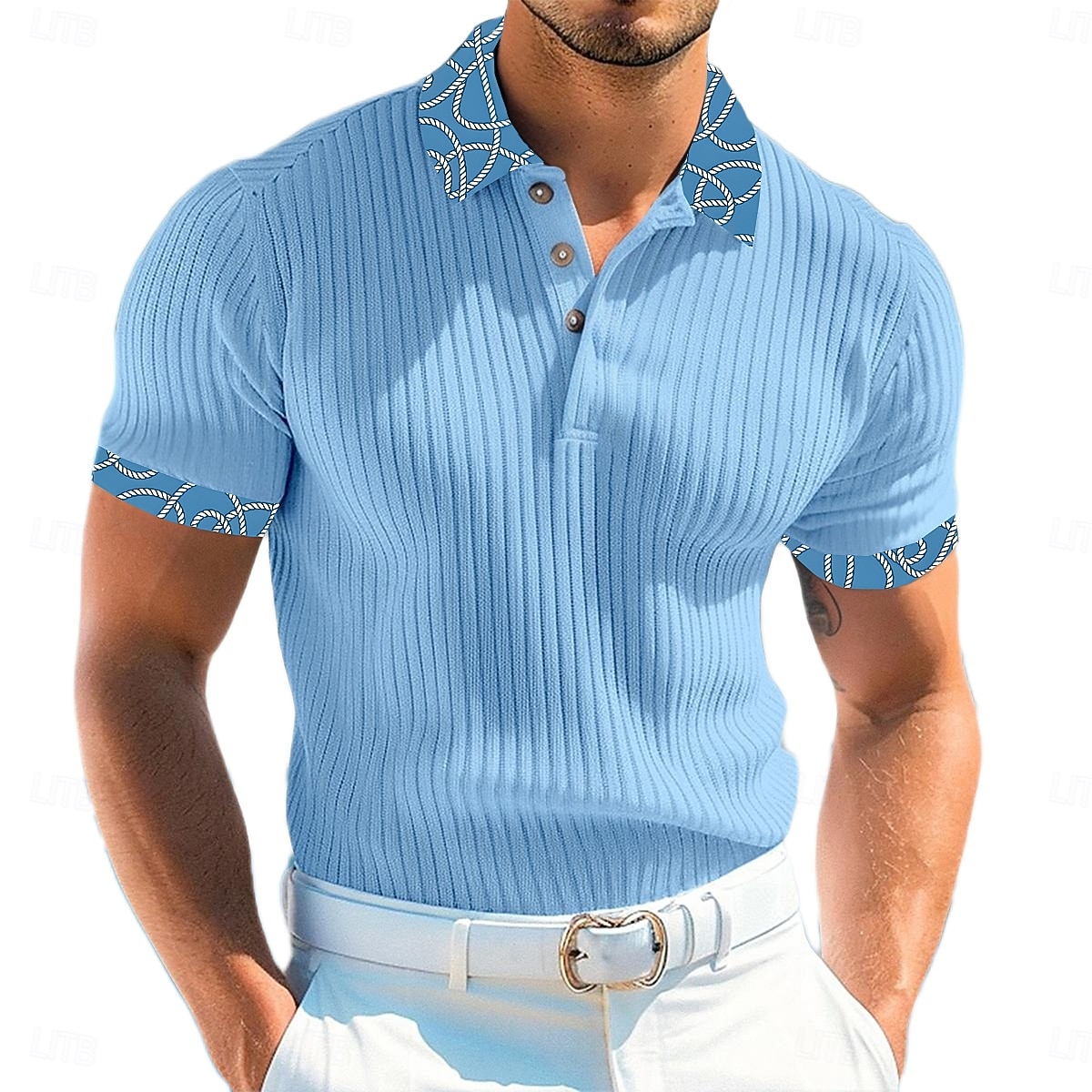 Homens Top de malha canelada camisa muscular Trabalho Casual Lapela gola pólo com nervuras Manga Curta Básico Moderno Bloco de cor Botões Tricotado Verão Primavera Verão Fino Branco Vinho Azul de 2025 por $22.99 –P2