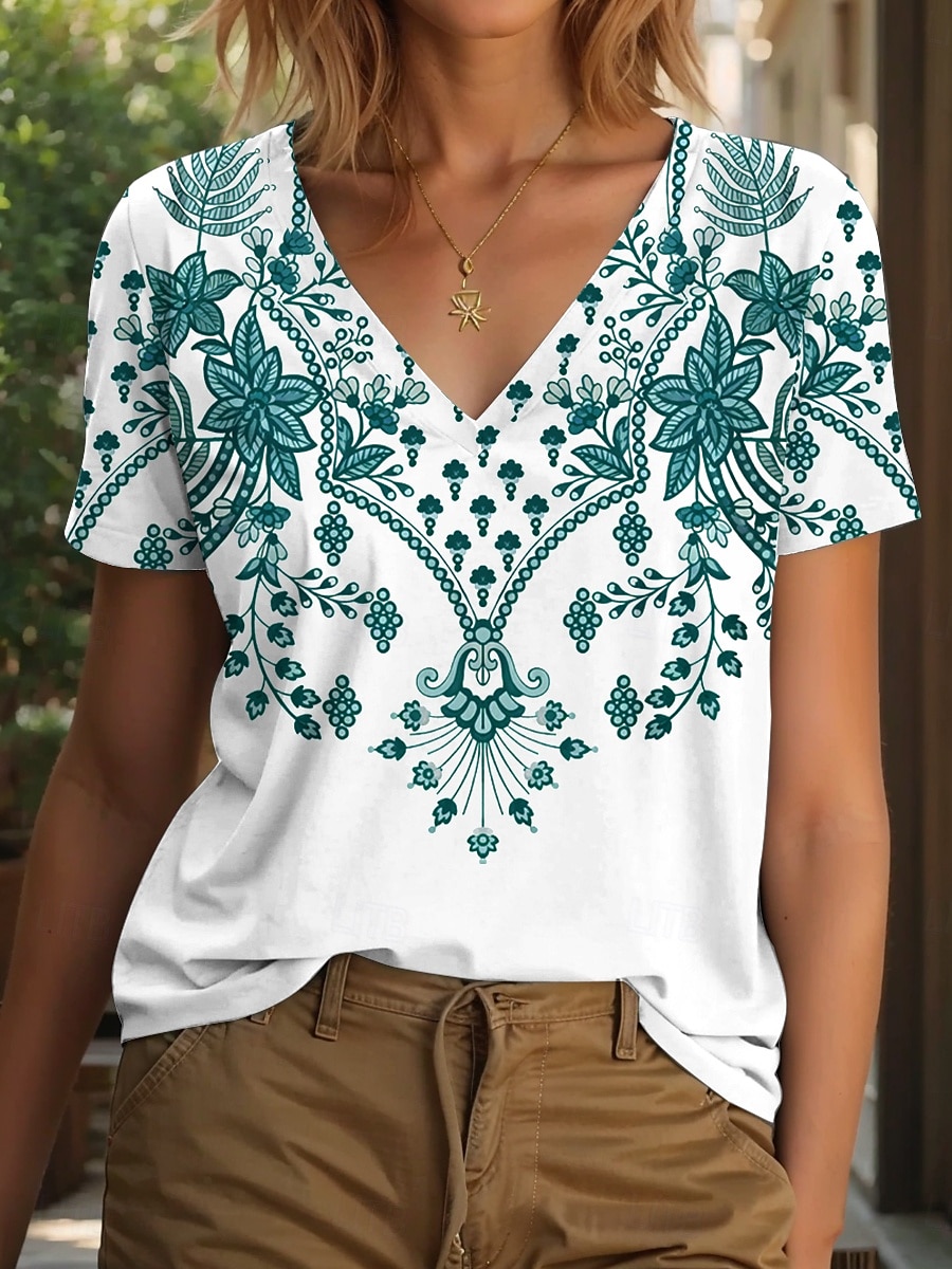 Damen T Shirt Grafik Stammes Vintage Stilvoll Lässig Kurzarm V Ausschnitt Normale Oberteile Täglich Druck Weiß Sommer Frühling 2025 - $19.99 –P1