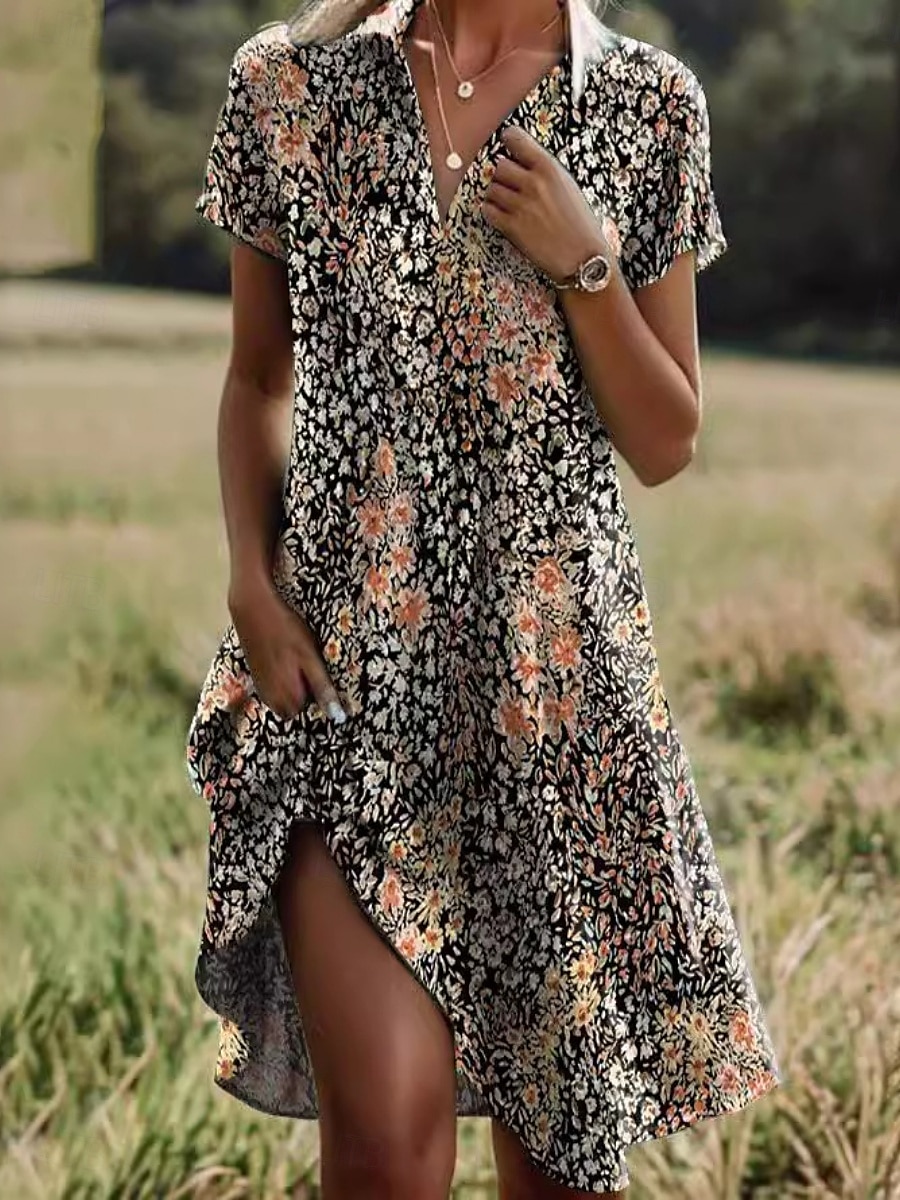 Dámské Mini šaty Volnočasové šaty Letní šaty Boho šaty Africký vzor Dovolená Denní Víkend Běžný Květinový Krátký rukáv Košilový límec aqua modrá Rubínově červená Vodní modrá Hnědá Léto 2025 - $17.99 –P1