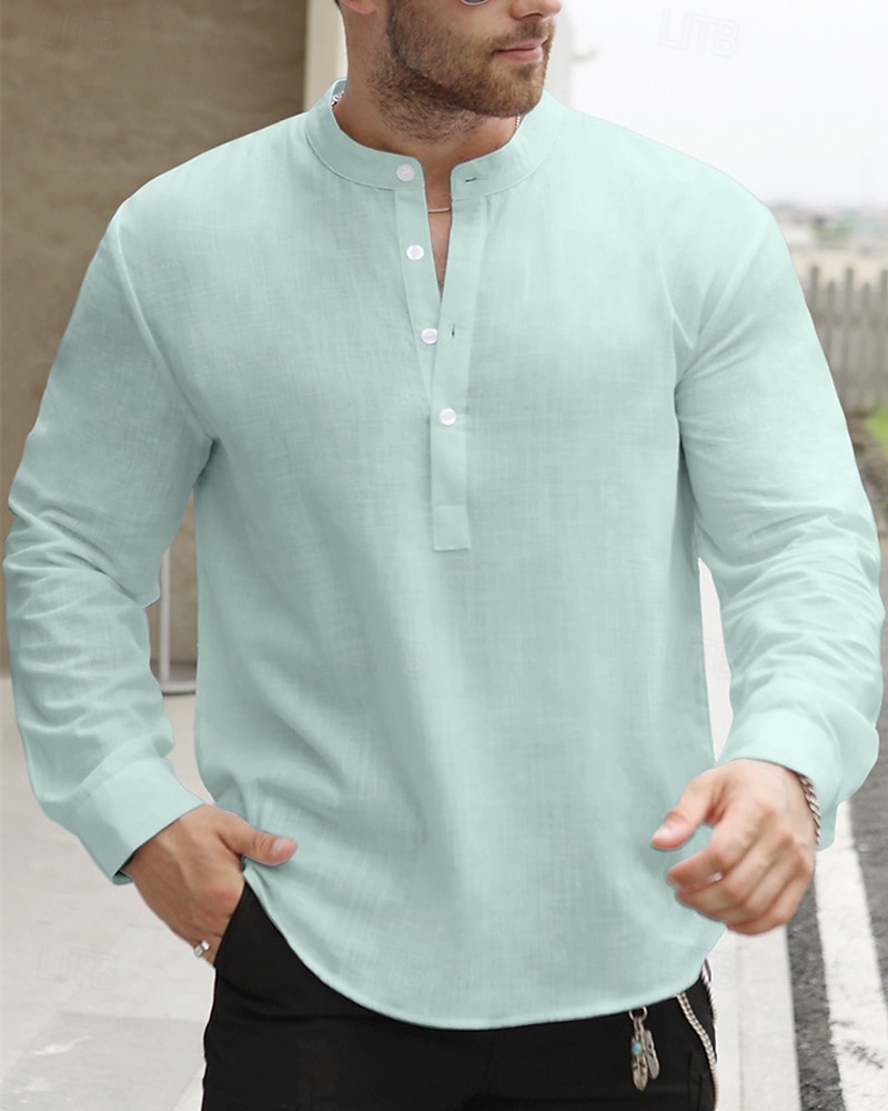Per uomo Camicia Camicia di lino Camicia popover Camicia casual Camicia di cotone Semplice Vacanza Camicia hawaiana Nero Bianco Giallo Verde chiaro Manica Lunga Colletto alla coreana Primavera Autunno del 2025 a $24.99 –P3