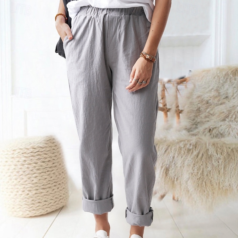 Per donna Pantaloni in cotone e lino Pantaloni Eleganti Casual Lunghezza intera Naturale Semplice Tasca Elastico in vita All'aperto Confortevole Streetwear Uscire Magenta azzurro cielo Grigio Nero del 2025 a $24.99 –P11