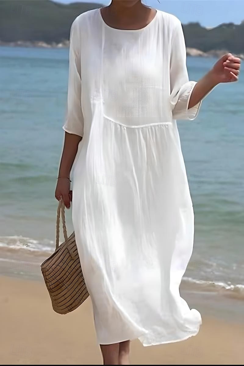 Women's Midi Dress Cotton Linen Dresses Casual Dress Fashion Basic Classic Daily Beach Weekend Regular Fit Plain Half Sleeve Crew Neck White Pink Light Blue Summer 2025 - $26.99 –P2