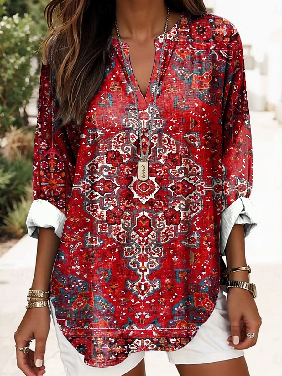 Dame Bluse Grafisk Geometrisk Elegant Daglig Langermet V-hals Vanlige topper Daglig Trykt mønster Svart Gul Rød Blå Gull Sommer Vår 2025 - $24.99 –P5