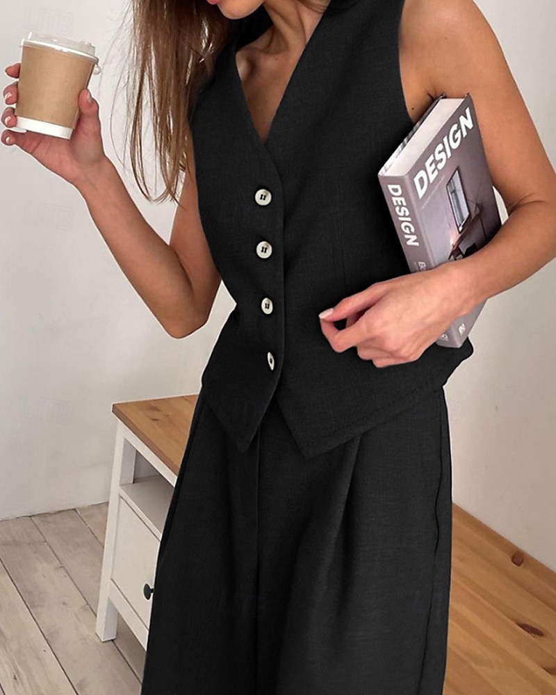 Femmes Actif Mode Chemisier Gilet Ensembles de Pantalons Sans manches Col en V Couleur Unie Dubbele Rij Knopen Extérieur Fête Noir Marron Gris Été Coupe régulière de 2025 ? $39.99 –P20