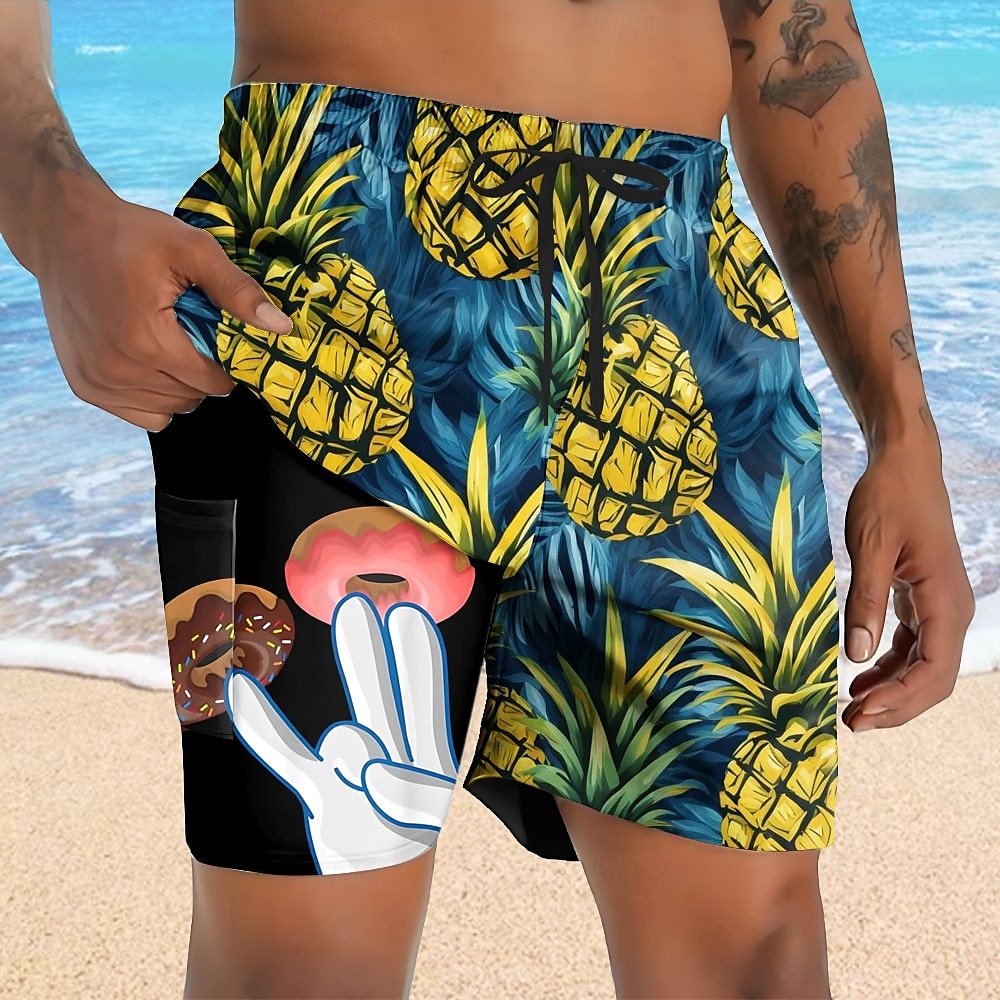 Herr Ananas Rolig Donuts Fodrade shorts 2 i 1 simshorts Badshorts Medium Midja Hawaiisk Semester Helgdag Standkläder Sidfickor Med kompressionsfoder Elastisk dragsko i midjan Designer Kläder 2025 - $21.99 –P3