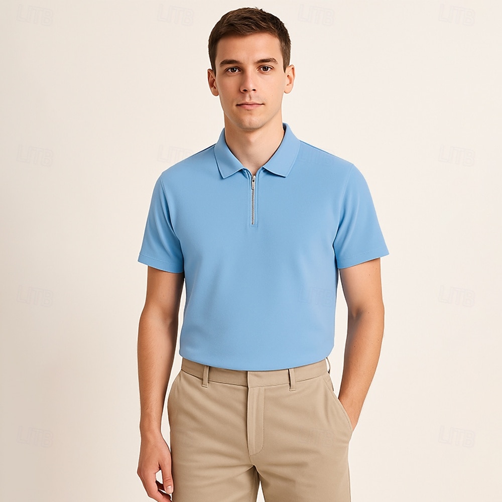 Men's Silk Linen Cotton Business Casual Half Zip Short Sleeve Basic Formal Solid Color Zipper Summer Black Dark Navy Sky Blue Dark Green Gray 2025 - $49.99 –P1