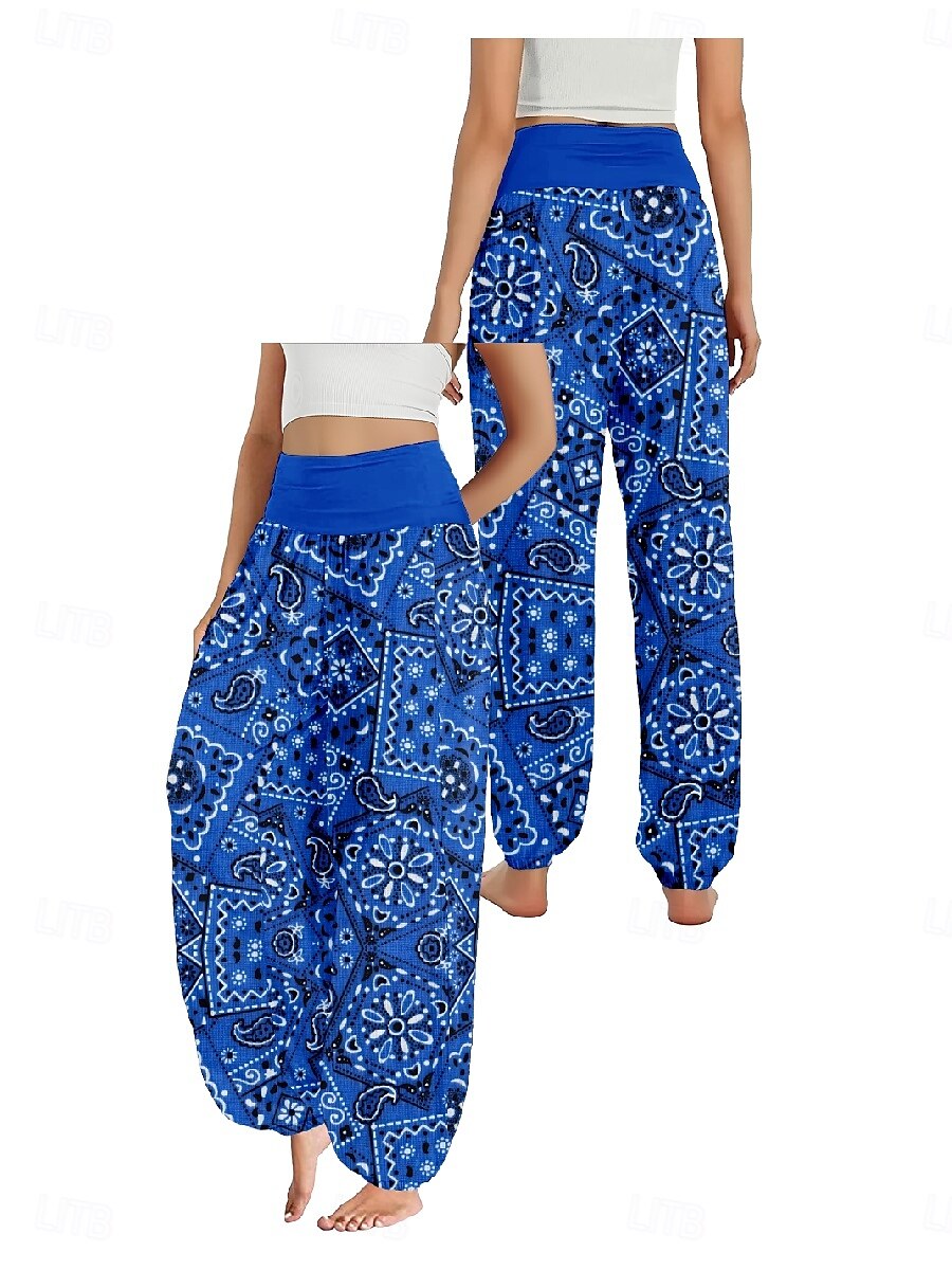 Women's Linen-Inspired Pants Wide Leg Pants Trousers Ethnic Style Casual Boho Full Length High Waist Floral Graphic Pocket Elastic Waist Printing Breathability Soft Micro-elastic Outdoor Yoga Blue 2025 - $21.99 –P9